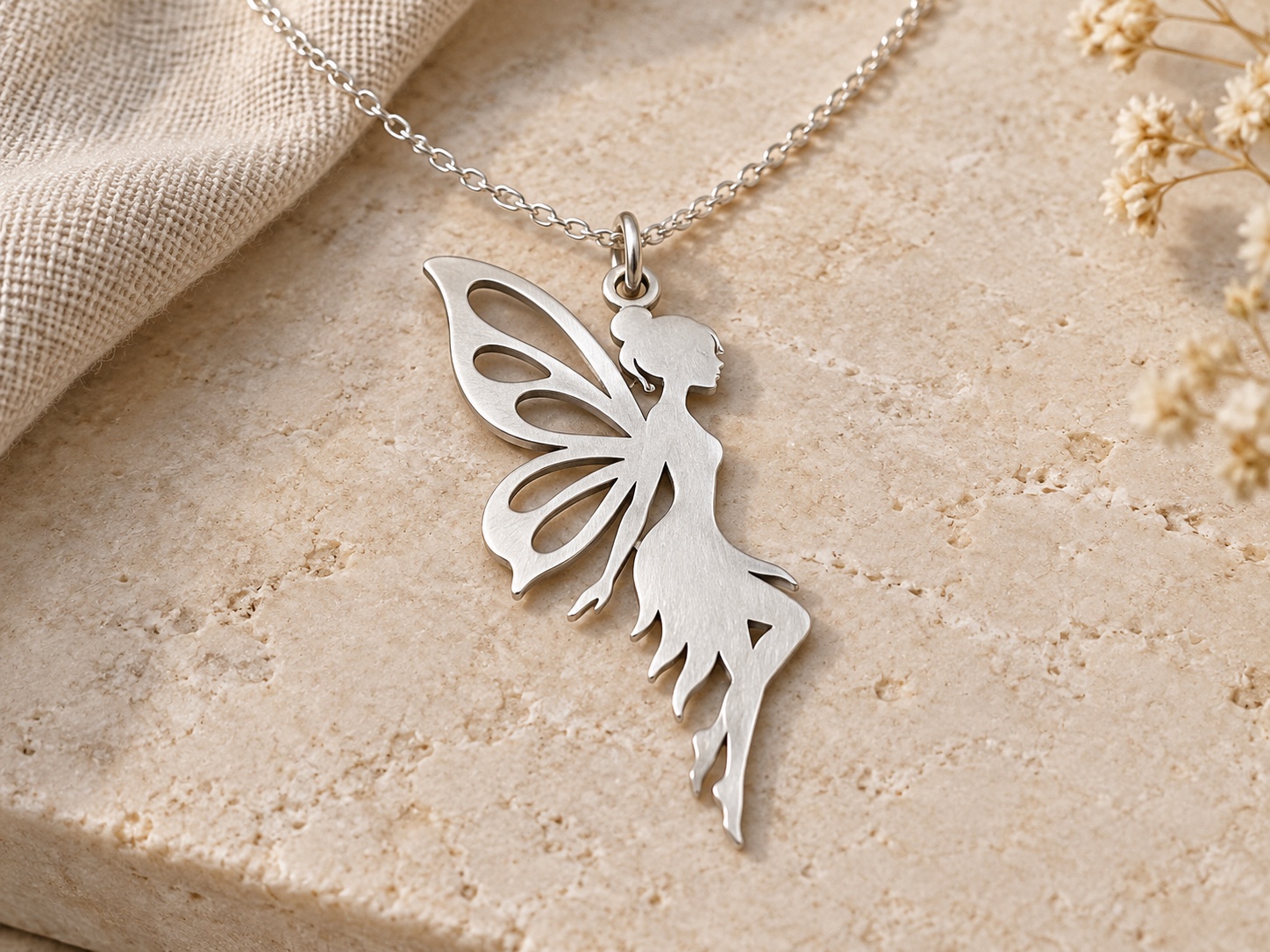 Illustrative concept of a flat silver fairy pendant on a simple silver chain
