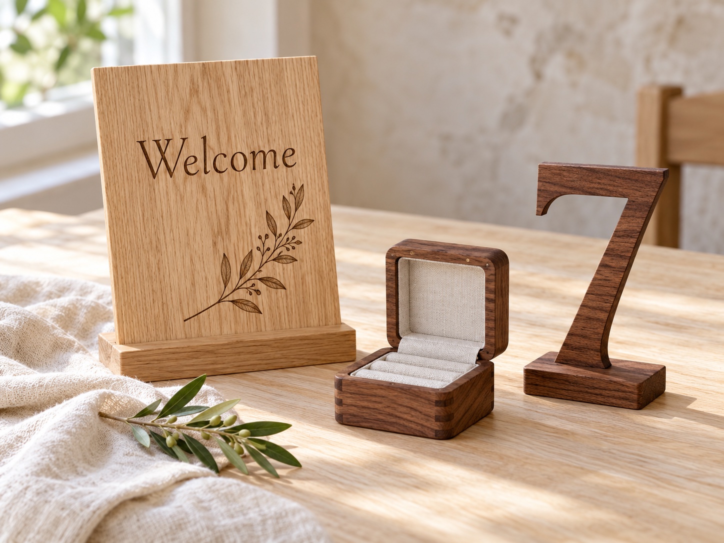 Illustrative wedding concept featuring a wooden welcome sign, an open ring box, and a table number